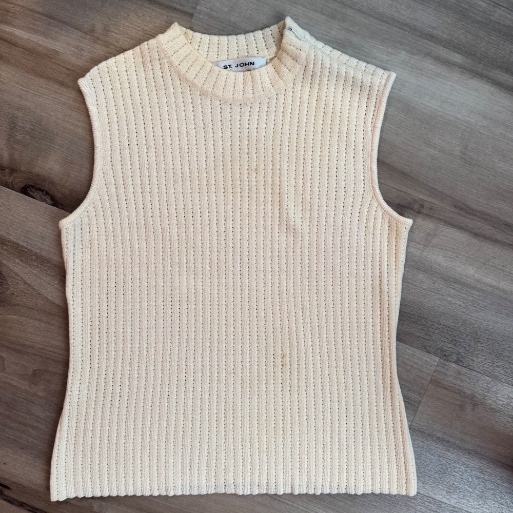 Vintage St. John Cream Sleeveless Pointelle Ribbed Knit Top Quiet Luxury Classic
